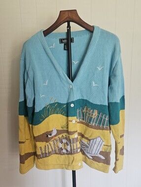Bobbie C Light Blue/Yellow Coastal Scene V-Neck Button Front Cardigan
